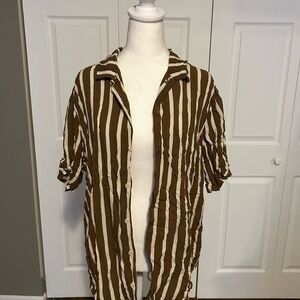 PacSun -  Brown and White Striped Casual Button Down Shirt - Size L
